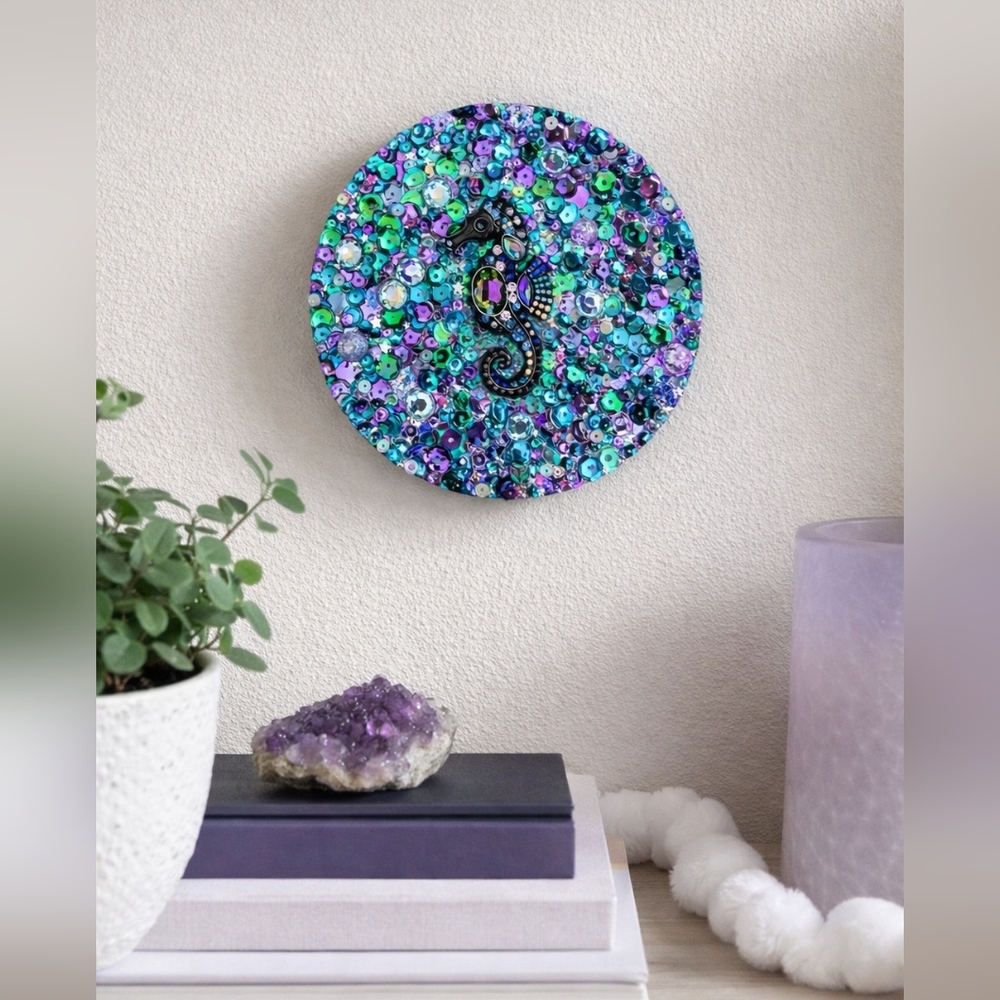 Handmade Seahorse Wall Art – Coastal Sequin Round Wooden Decor